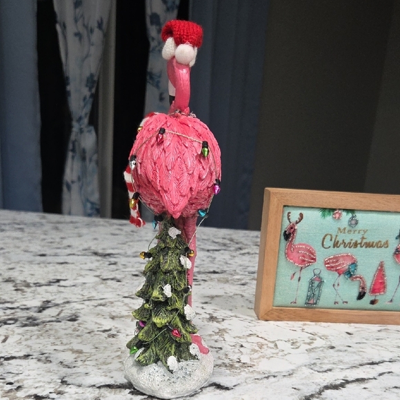 Holiday Pink Flamingo with Santa Hat Decor 2 Pc Set - Picture 6 of 9